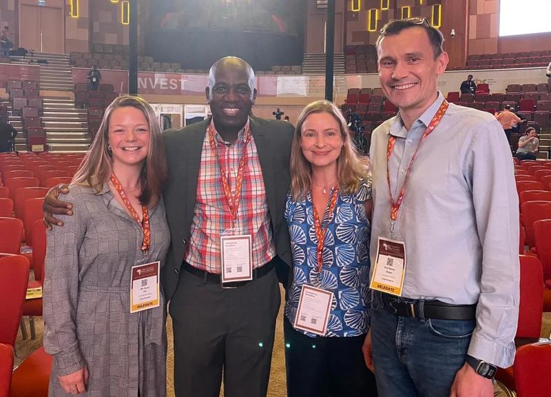 Lead immunologist Sarah Silk, Halidou Tinto, Angela Minassian and Simon Draper Image was taken on World Malaria Day 2024 when the efficacy result was presented to the malaria community for the first time