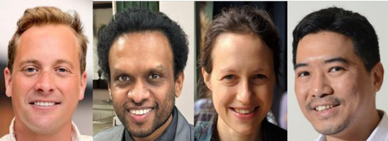 Four headshot portraits of smiling people arranged side by side