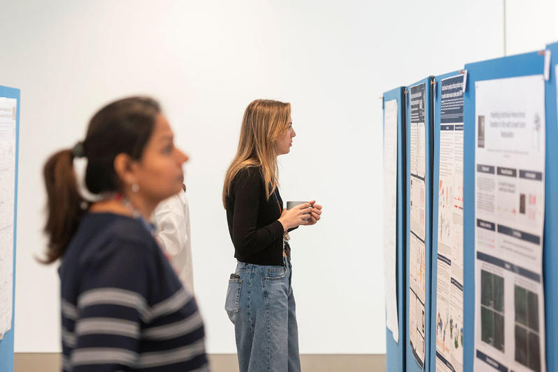 Two researchers looking academic posters at the 5th birthday symposium held by Oxford's Kavli Institute for Nanoscience Discovery (Kavli INsD)