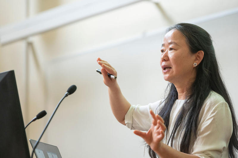 Side view of head and shoulders of Professor Jue Chen presenting at the Kavli Oxford Lecture Award, describing something with hand gestures.
