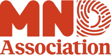 An orange logo on a white background, the text MD Association. The fill of the letter D is in a fingerprint pattern.
