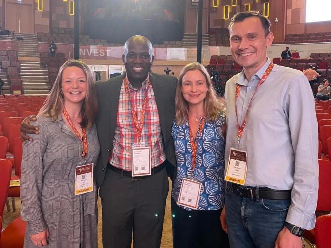 Lead immunologist Sarah Silk, Halidou Tinto, Angela Minassian and Simon Draper Image was taken on World Malaria Day 2024 when the efficacy result was presented to the malaria community for the first time