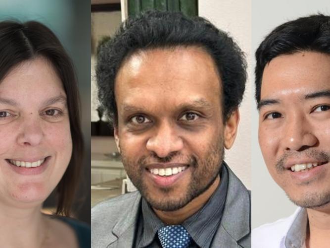 Three portraits of researchers, a woman and two men looking at the camera and smiling.
