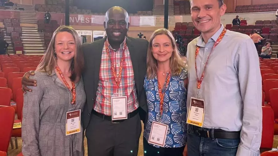 Lead immunologist Sarah Silk, Halidou Tinto, Angela Minassian and Simon Draper Image was taken on World Malaria Day 2024 when the efficacy result was presented to the malaria community for the first time