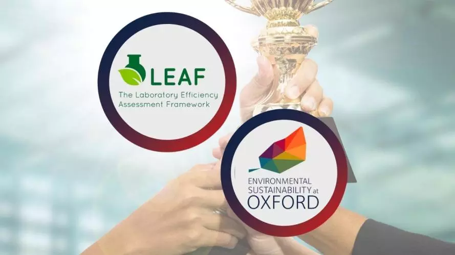 An image with "leaf awards logo" and "environmental sustainability in Oxford logo" in front of a background with hands holding a golden award.
