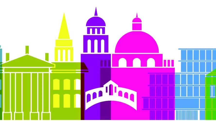 Multicoloured graphic of Oxford skyline ©OUImages/Public Affairs Directorate