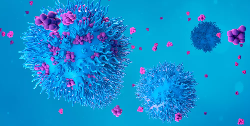 main banner image with proteins and cancer cells