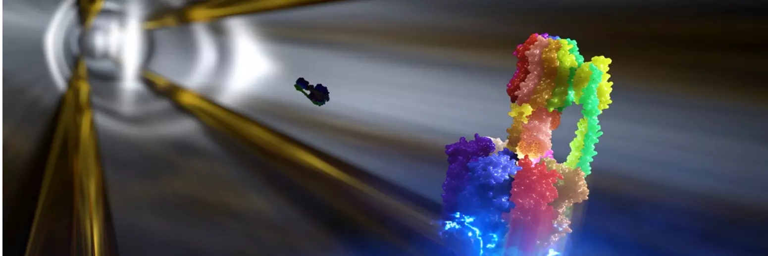 Scientific illustration of a colourful protein molecule interacting with a cell membrane, surrounded by electric-blue energy effects and dramatic golden light beams against a dark background.
