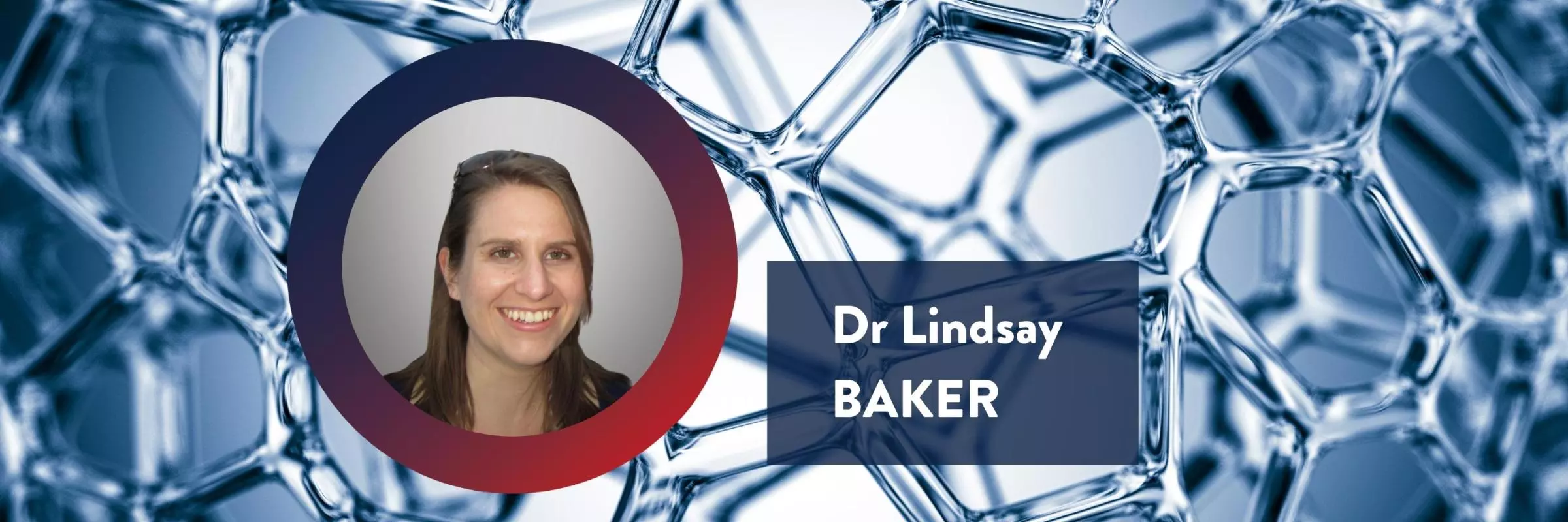 Picture of Doctor Lindsay Baker in front of a light blue background with a cellular texture