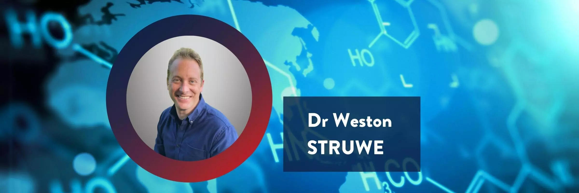 Picture of Doctor Weston Struwe on a blue background with chemical equations
